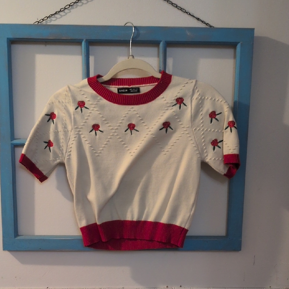 SHEIN Cream and Red  Embroidered Sweater